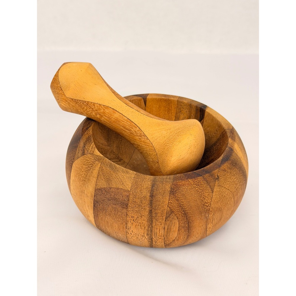 Ironwood Gourmet Acacia Wood Mortar and Pestle Set Butcher Block Pattern